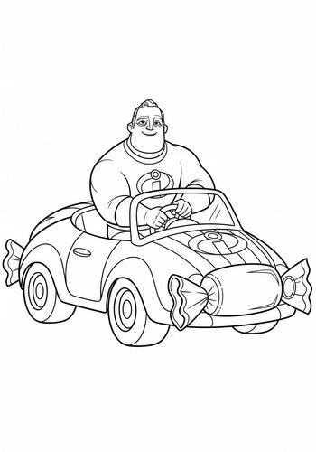 Mr. Incredible Driving A Candy Car: Coloring Page Fun