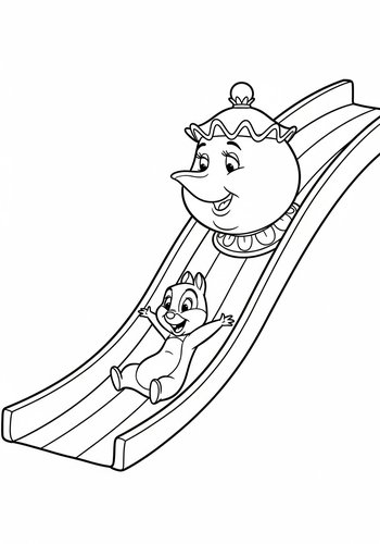 Mrs. Potts And Chip Sliding Down A Rainbow Slide Coloring Page