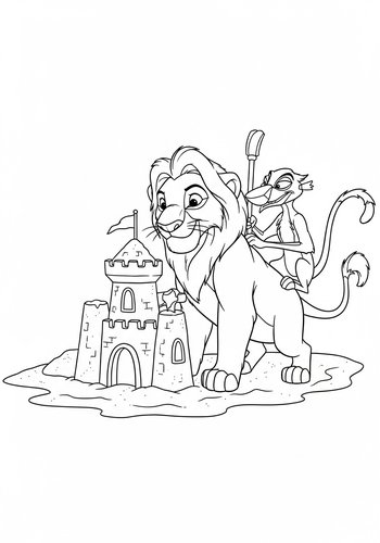 Mufasa Building A Sandcastle With Zazu On The Beach - Coloring Page