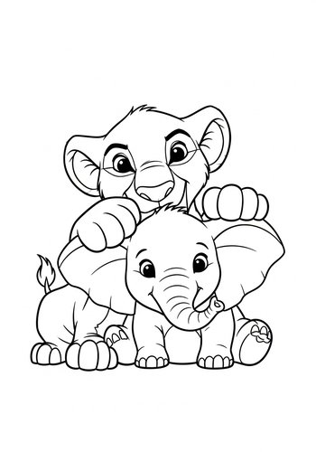 Mufasa Playing Peek-a-boo With A Baby Elephant: Coloring Page
