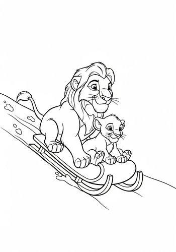 Mufasa Sledding Down A Snowy Hill With Simba Coloring Page