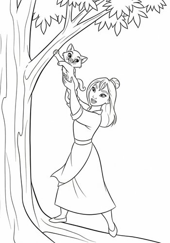 Mulan Rescuing A Kitten From A Tree Coloring Page