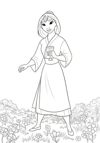Mulan Teaching Khan Tricks In A Flower-filled Meadow Coloring Page
