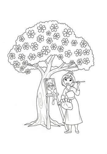 Mulan's Artistic Adventure: Coloring Page Of Mulan Painting A Giant Cherry Blossom Tree With Her Toes