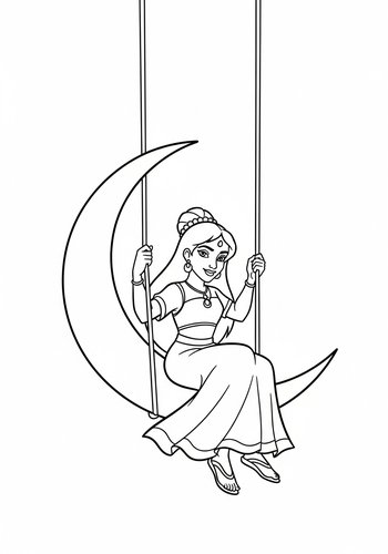 Nala Swinging On A Crescent Moon: Coloring Page Fun