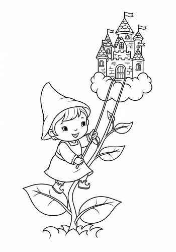 Nani Planting A Magic Beanstalk And Climbing To A Cloud Castle - Coloring Page