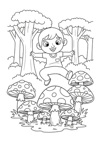 Naveen Bouncing On Giant Mushrooms In A Magical Forest Coloring Page