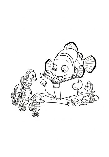 Nemo Reading To Seahorses - A Storytime Coloring Page