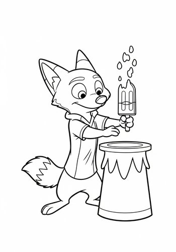 Nick Wilde Performing A Magic Trick With A Disappearing Pawpsicle - Coloring Page