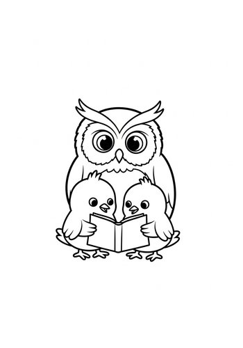 Owl And Chicks Reading Coloring Page