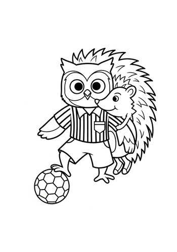 Owl And Hedgehog Play Soccer: Coloring Page