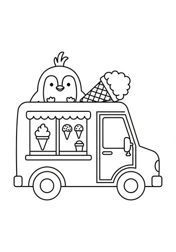 Penguin's Sweet Ride: Ice Cream Truck Coloring Page