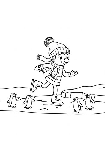 Percy Ice Skating On A Frozen Lake With Penguins - Coloring Page