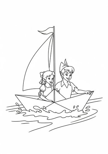 Peter Pan And Wendy Sailing A Paper Boat In A Stream: Coloring Fun