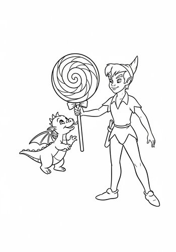 Peter Pan Sharing A Giant Lollipop With A Baby Dragon Coloring Page