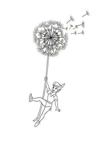 Peter Pan Swinging From A Giant Dandelion - Coloring Page