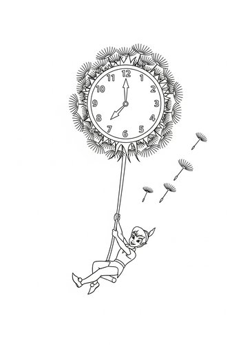 Peter Pan Swinging From A Giant Dandelion Clock Coloring Page