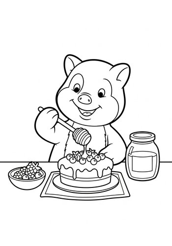 Piglet Baking A Cake With Honey And Berries - Coloring Page
