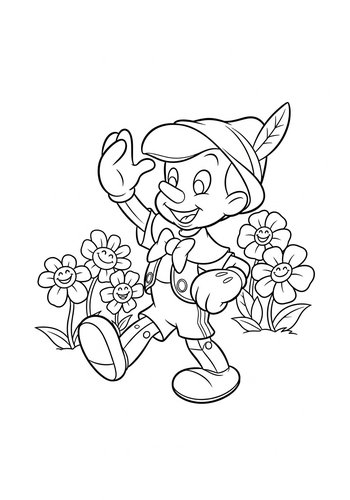 Pinocchio Playing Hide-and-seek With Giggling Flowers Coloring Page