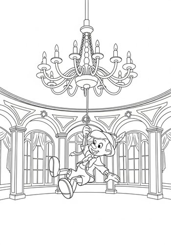 Pinocchio Swinging From A Chandelier In A Grand Ballroom Coloring Page
