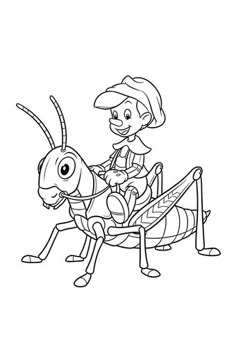 Coloring Page: Pinocchio's Wild Ride: Coloring Page - Pinocchio Riding A Giant Grasshopper Like A Horse