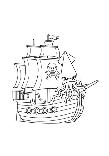 Pirate Ship And Squid Coloring Page