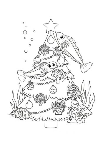 Plankton Decorating An Underwater Christmas Tree With Coral Ornaments Coloring Page