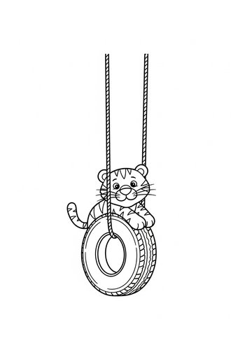 Playful Tiger On A Tire Swing Coloring Page