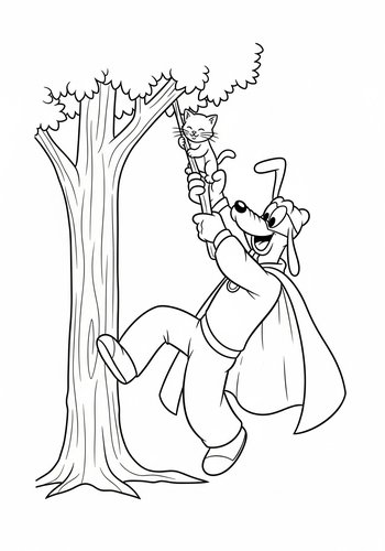Pluto To The Rescue: Coloring Page Of Pluto Wearing A Superhero Cape And Rescuing A Kitten From A Tree