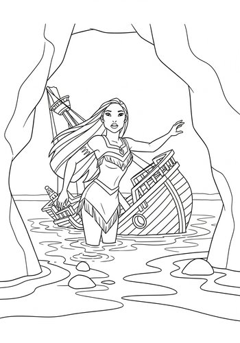Pocahontas Exploring A Sunken Ship In A Secret Lagoon: Coloring Page