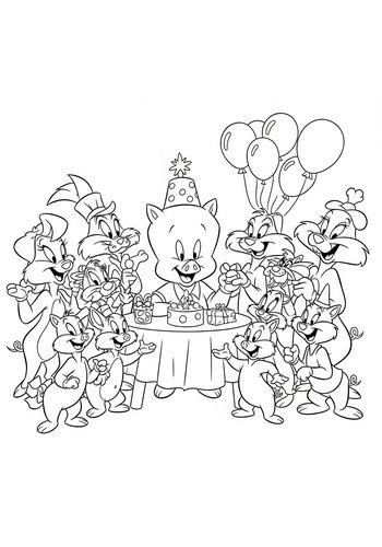 Porky Pig's Birthday Bash: A Looney Tunes Celebration Coloring Page