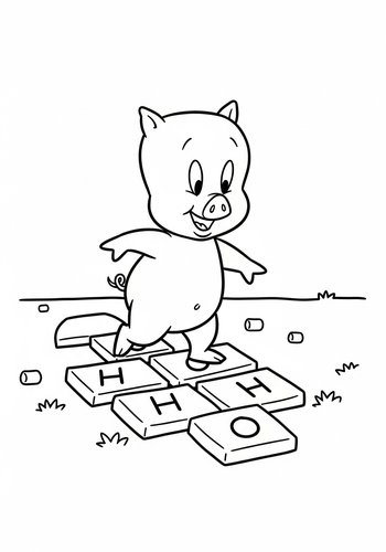 Coloring Page: Porky Pig's Sweet Hopscotch Adventure: A Marshmallow Sidewalk Coloring Page