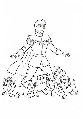 Prince Charming Playing Tag With Playful Puppies - Coloring Page