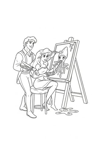 Prince Eric Painting Ariel Portrait With Squid Ink - Coloring Page