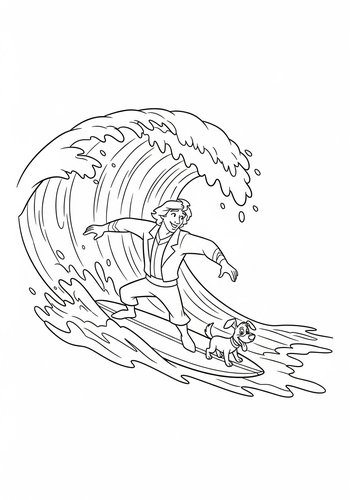 Prince Eric Surfing A Giant Wave With Max The Dog - Coloring Page