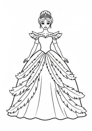 Princess In A Feathered Gown Coloring Page