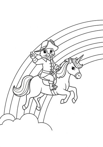Puss In Boots Riding A Unicorn Through A Rainbow Coloring Page