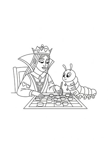 Queen Of Hearts Playing Checkers With A Caterpillar Coloring Page