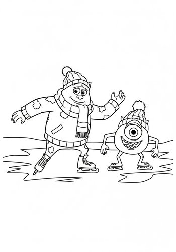 Randall Boggs Ice Skating On A Frozen Lake With Mike Wazowski - Coloring Page