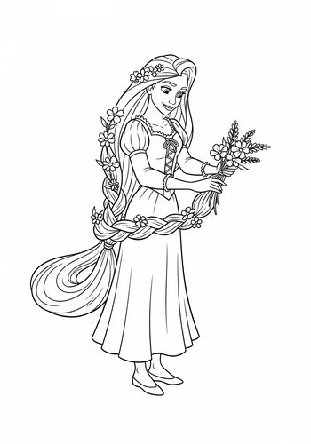 Rapunzel Braiding Pascal's Tail With Wildflowers: Coloring Page