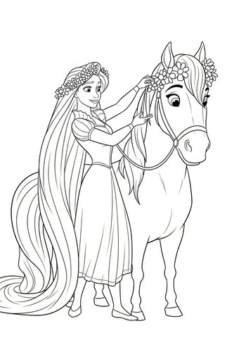 Rapunzel Creating A Flower Crown For Maximus The Horse Coloring Page
