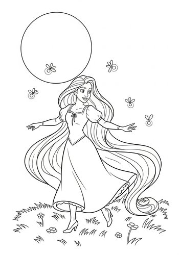 Rapunzel Dancing With Fireflies In A Moonlit Meadow Coloring Page