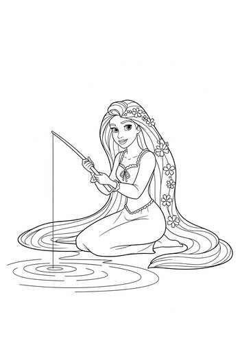 Rapunzel Fishing With Her Hair In A Magical Pond - Coloring Page Fun