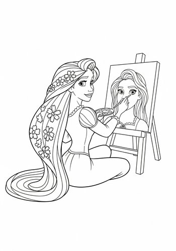 Rapunzel Painting A Self-portrait With Her Hair As The Canvas - Coloring Page