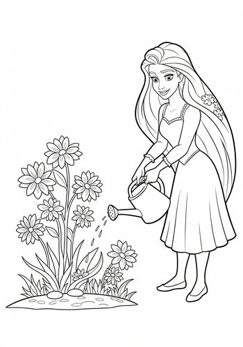 Rapunzel Watering Magical Plants Coloring Page