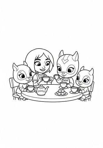 Raya's Tea Party Fun: Raya Having A Tea Party With The Ongis Coloring Page