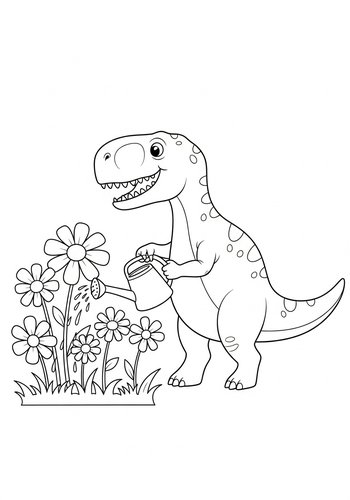 Rex Watering A Garden Of Giant Flowers - Coloring Page Fun