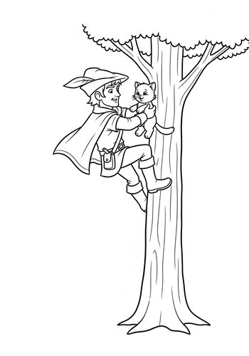 Robin Hood Rescuing A Kitten From A Tall Tree - Coloring Page