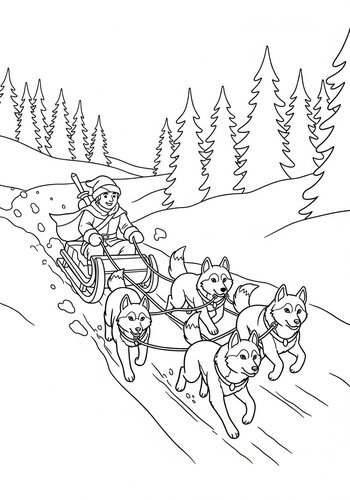 Robin Hood's Winter Adventure: Coloring Page Of A Sled Dog Team