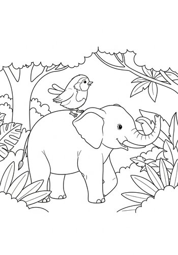 Robin Riding An Elephant Through A Lush Jungle Coloring Page